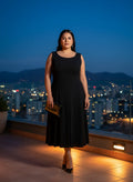 Vestido Midi Negro Sin Mangas Vuelo Escote Redondo