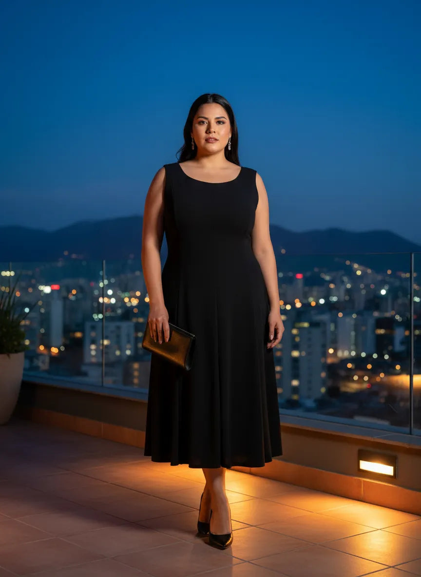 Vestido Midi Negro Sin Mangas Vuelo Escote Redondo