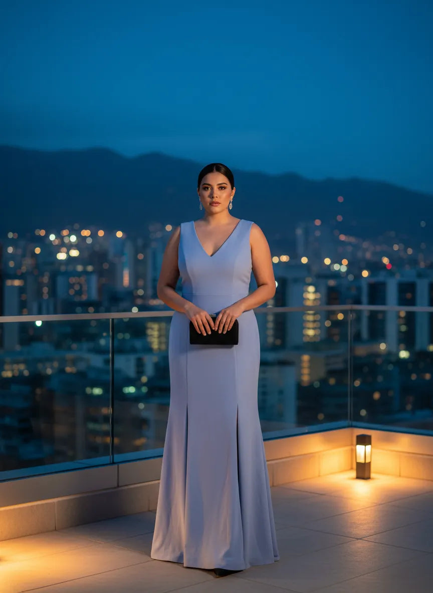 Vestido Sirena Azul Celeste Escote V