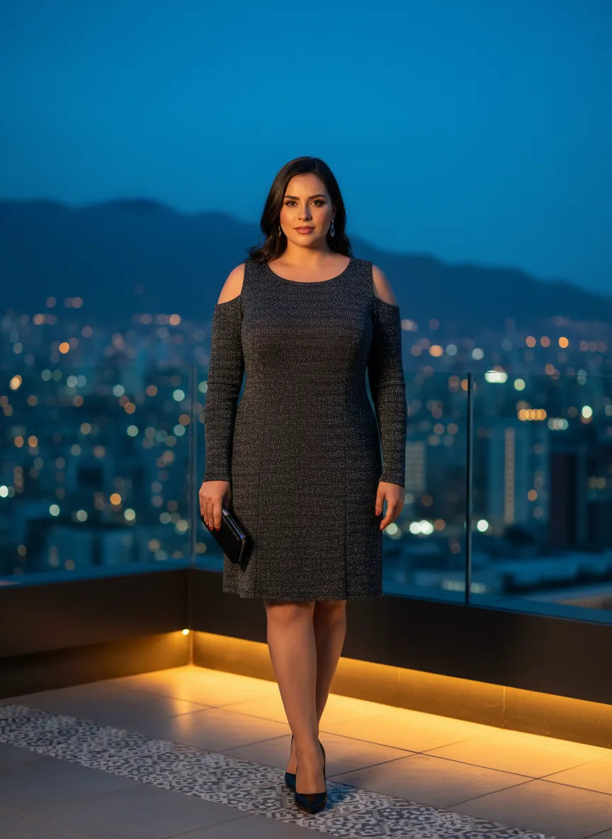 Vestido Recto Gris Oscuro Texturizado Mangas Largas Hombros Descubiertos