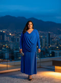 Vestido Largo Azul Real Corpiño Drapeado Escote V Mangas Largas Fluido Gala Lima