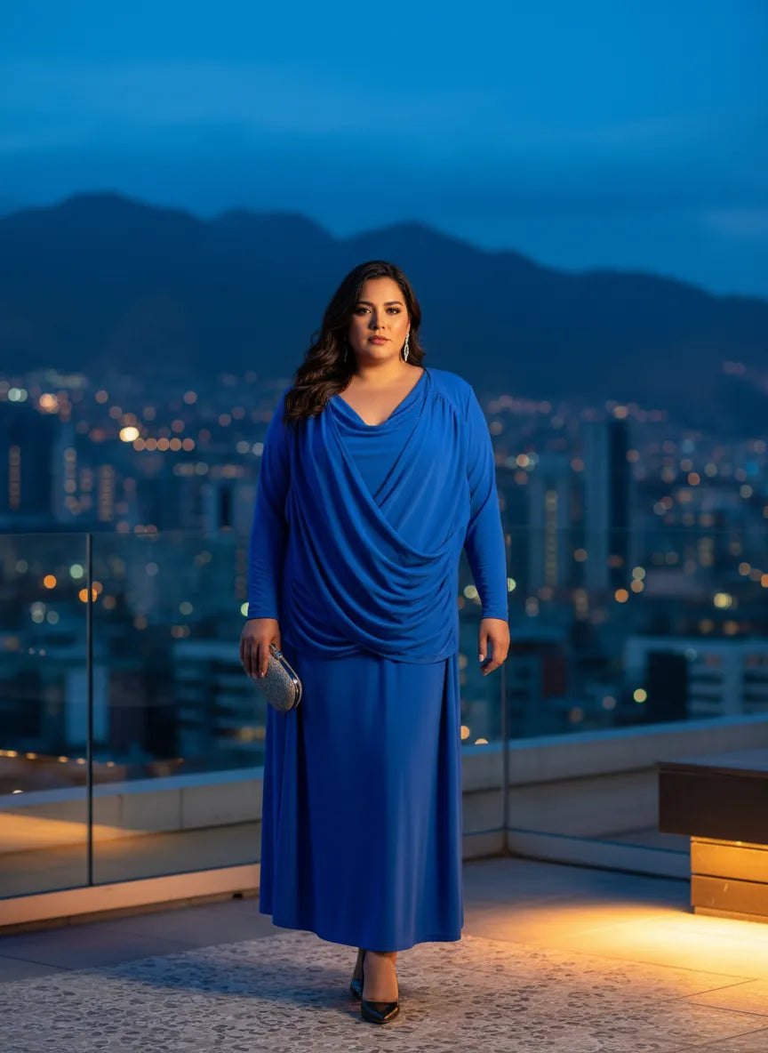Vestido Largo Azul Real Corpiño Drapeado Escote V Mangas Largas Fluido Gala Lima