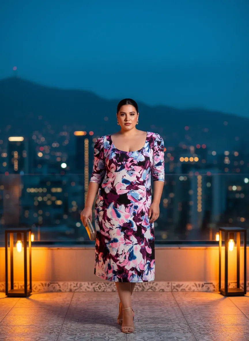 Vestido Midi Floral Multicolor Mangas