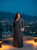 Vestido Largo Gris Marengo Corte Cruzado Cuello V Mangas Tres Cuartos