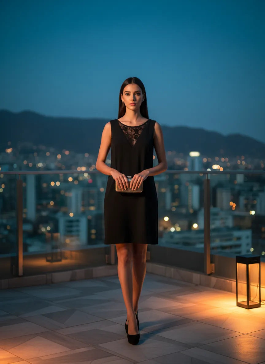 Vestido Negro Sin Mangas Encaje Escote V Pronunciado