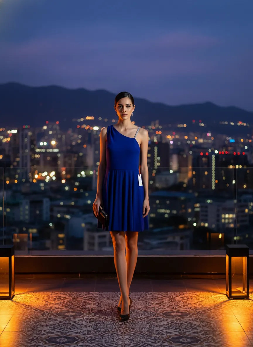 Vestido Azul Noche con Detalle de Tirante de Cadena