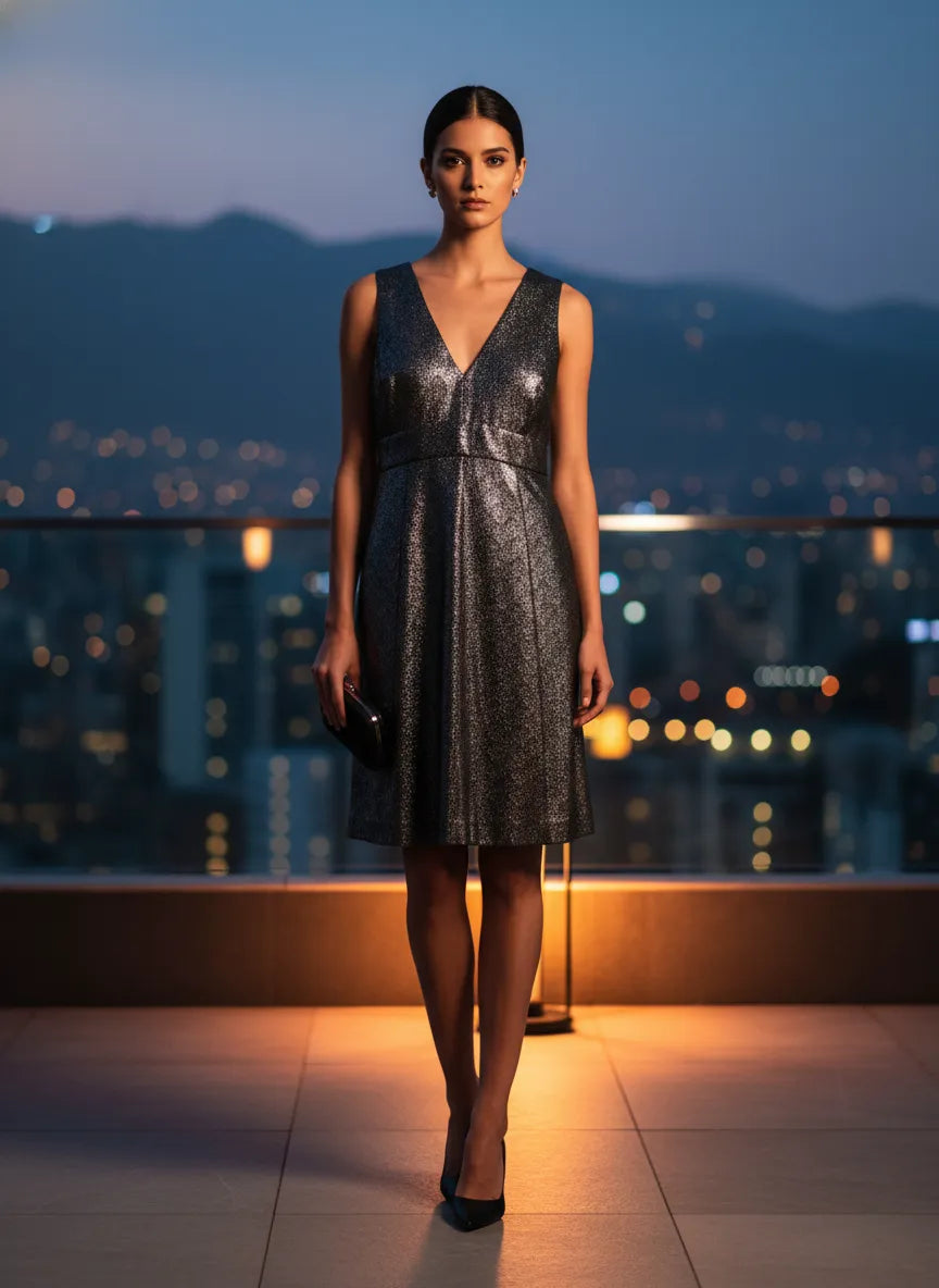 Vestido Gris Metálico Corto Escote V
