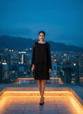 Vestido Negro Encaje Mangas Largas Doble Capa Hasta Rodilla Eventos Formales