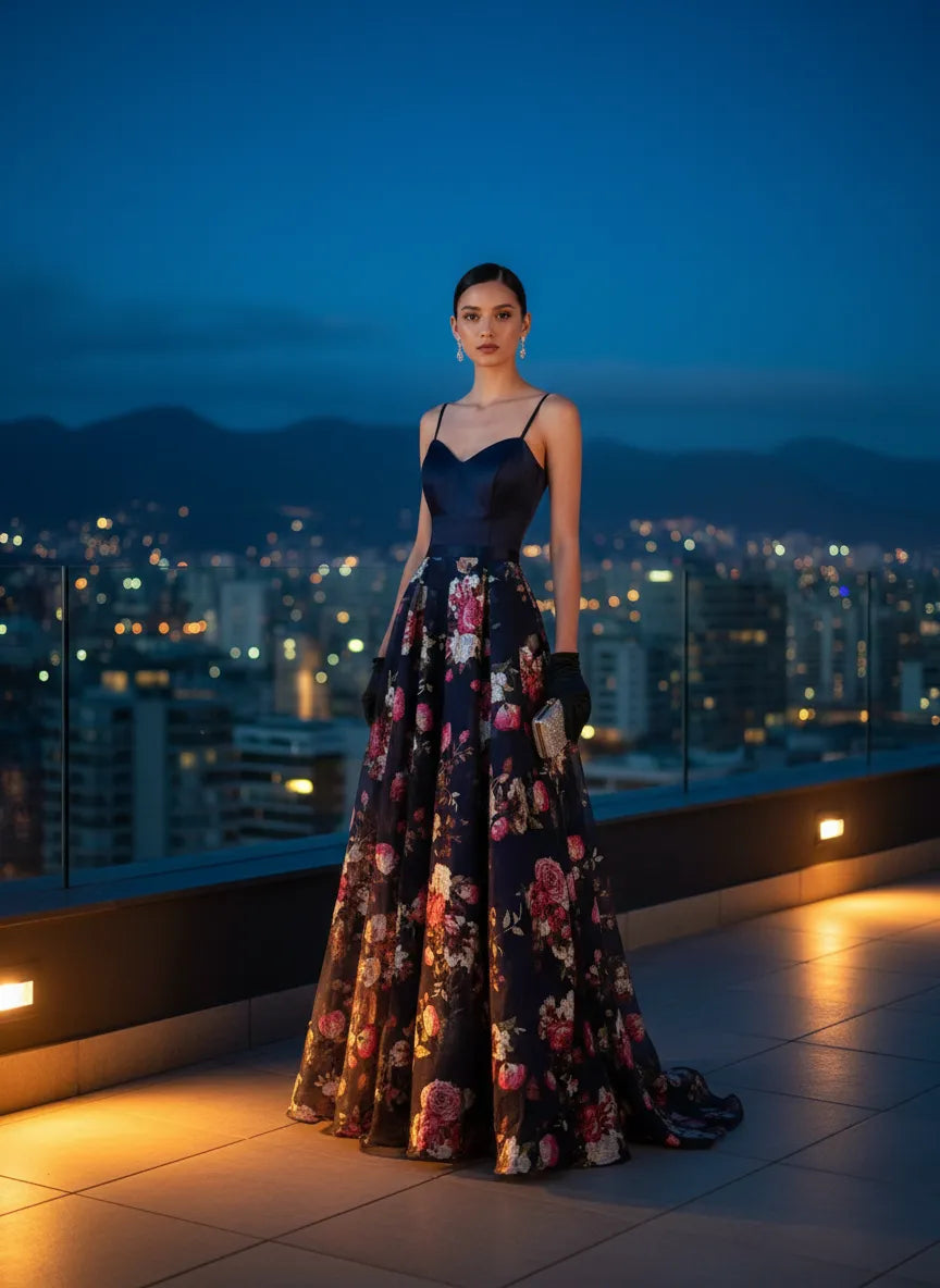 Vestido Gala Azul Marino Floral