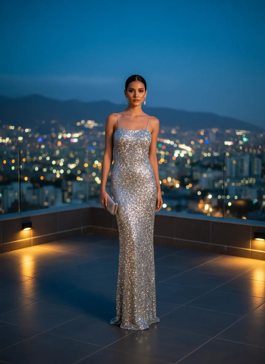 Vestido Largo Plata Lentejuelas Tirantes Silueta Ajustada