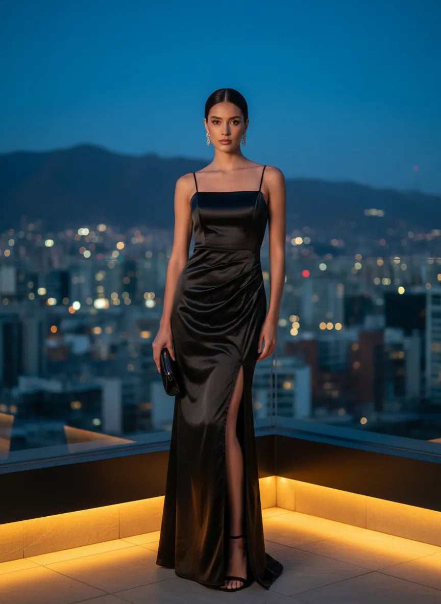 Vestido Negro Satén Tirantes Abertura Lateral