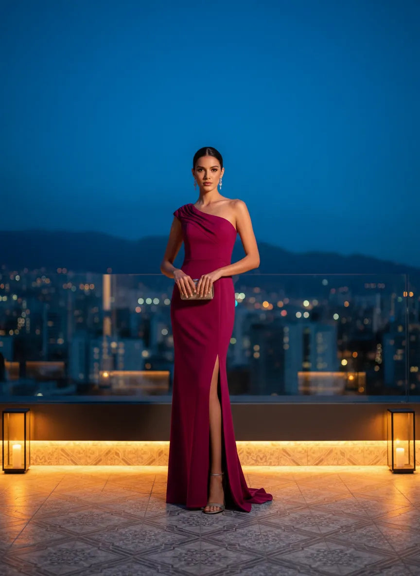Vestido Noche Fucsia Asimétrico