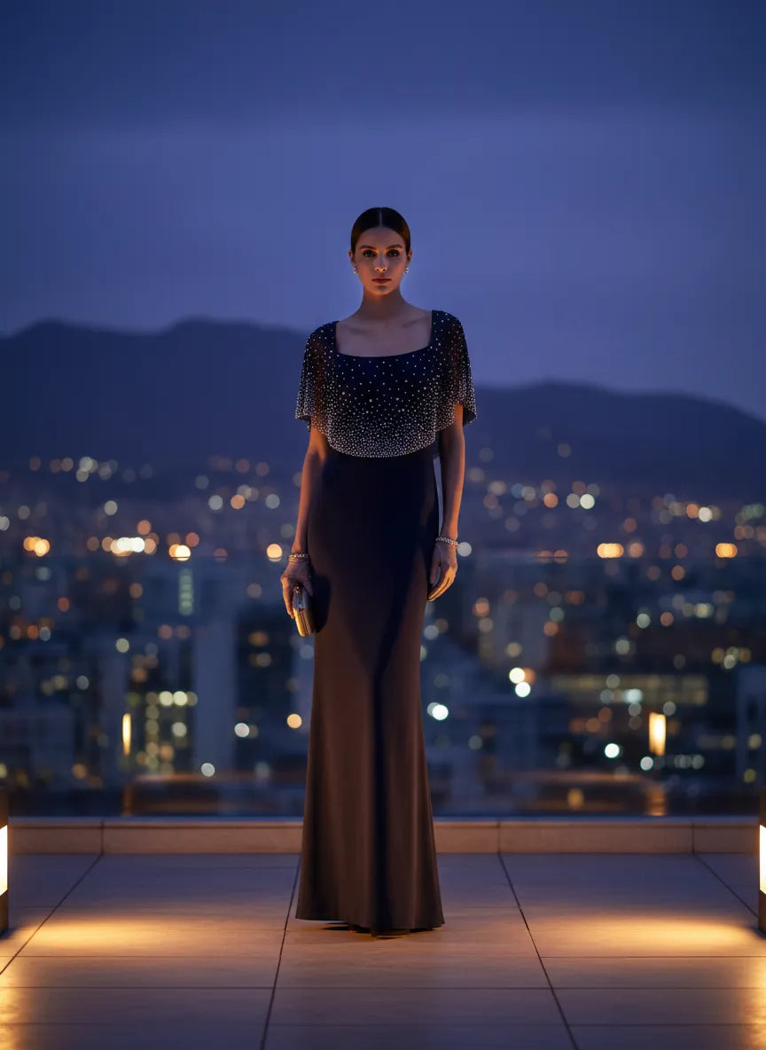 Elegancia Nocturna con Capa de Pedrería
