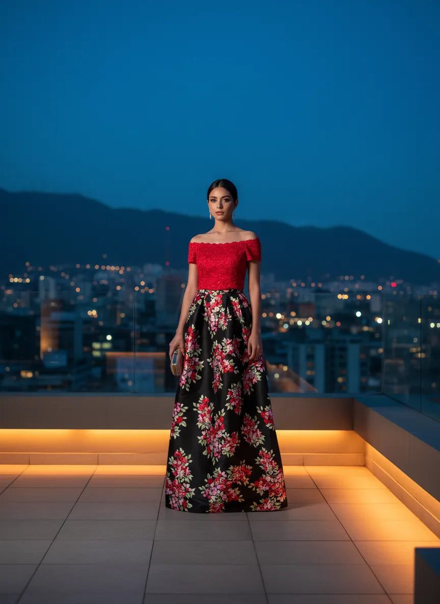 Vestido de Noche Floral Carmesí