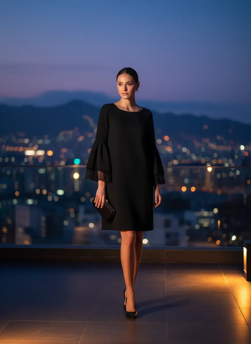 Vestido Nocturno Elegante con Mangas Acampanadas