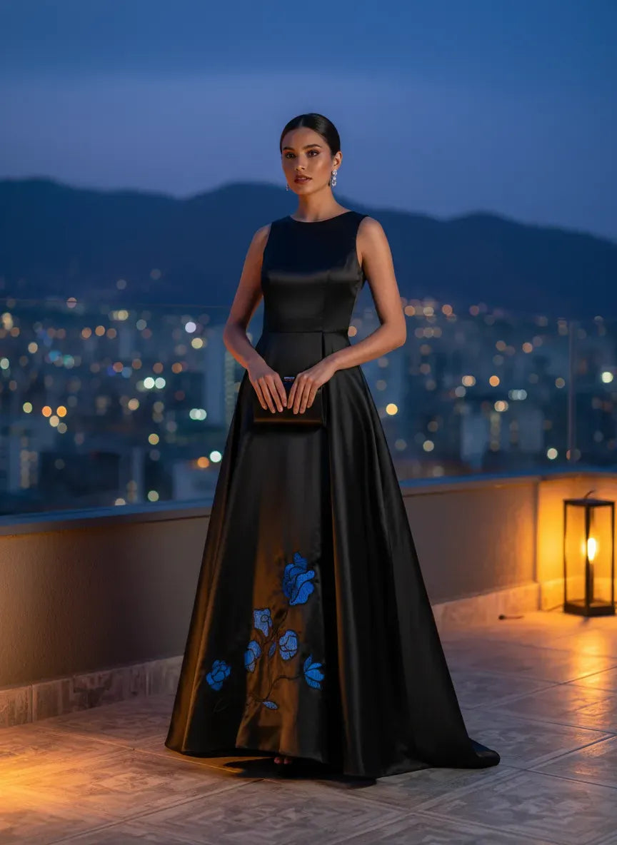 Elegancia Nocturna con Flores Azules