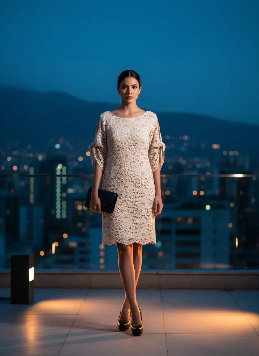 Vestido de Encaje Nude con Hombros Descubiertos