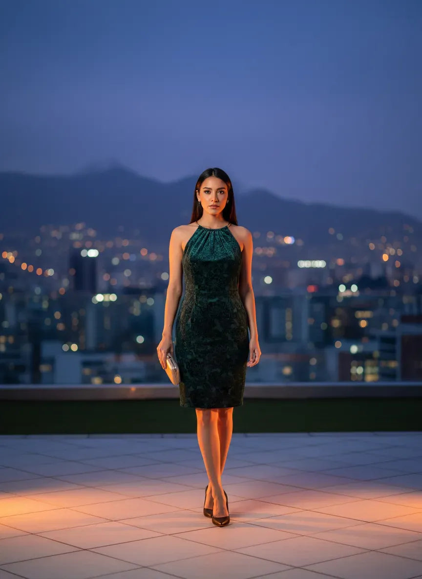 Vestido Halter de Terciopelo Esmeralda al Atardecer