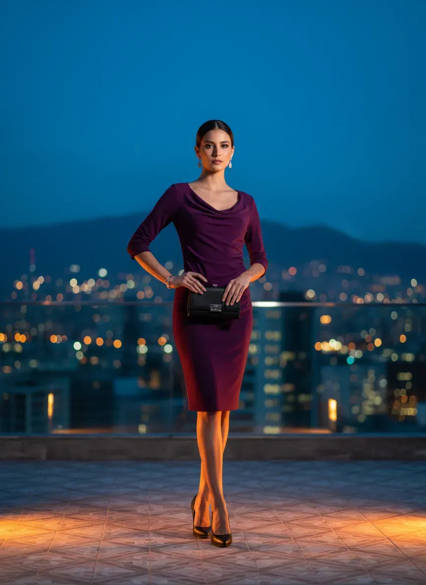 Vestido Cóctel Noche Púrpura Skyline